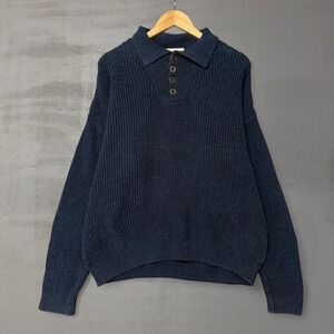 Vintage Eddie Bauer Mens Knit Sweater Navy Ribbed Button Neck Size Medium